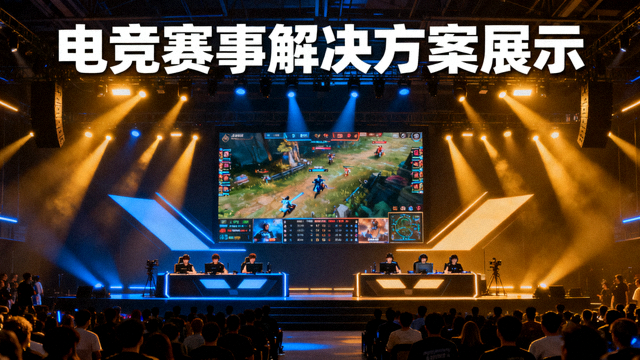 电竞赛事现场，舞台灯光与比赛屏幕，用于电竞赛事解决方案展示