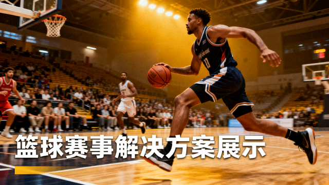 篮球比赛现场，球员在球场上进攻，用于篮球赛事解决方案展示