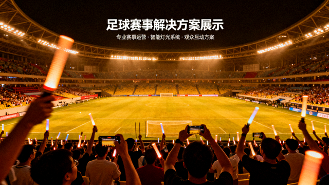 足球赛事现场，球场灯光与看台观众，用于足球赛事解决方案展示