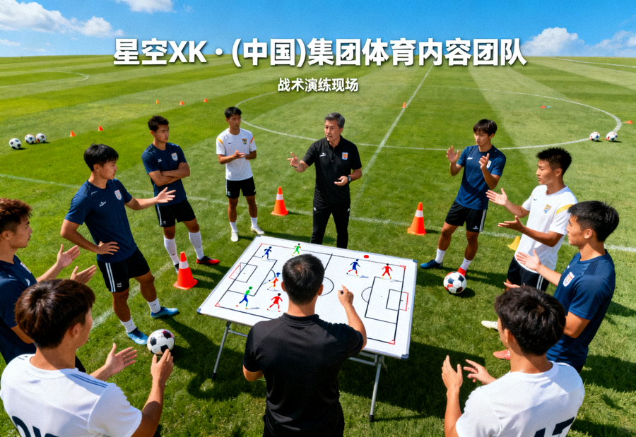 足球训练场上球员进行战术演练，用于介绍星空XK·(中国)集团体育内容团队